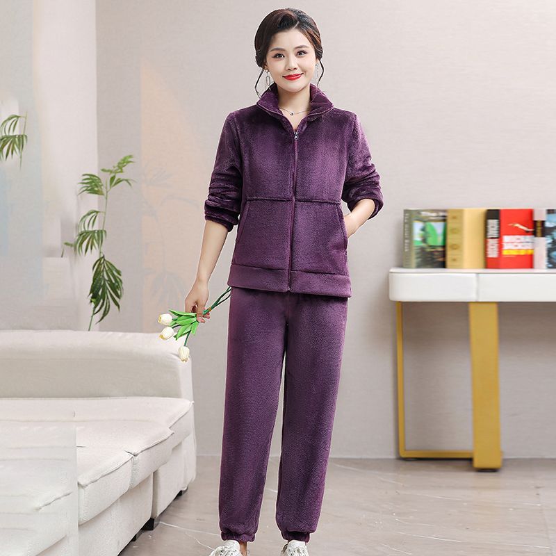 Winter Mother Autumn and Winter Plus Velvet Casual Fashion Suit Thickened New Middle-aged and Elderly Two-piece Outer Wear Women