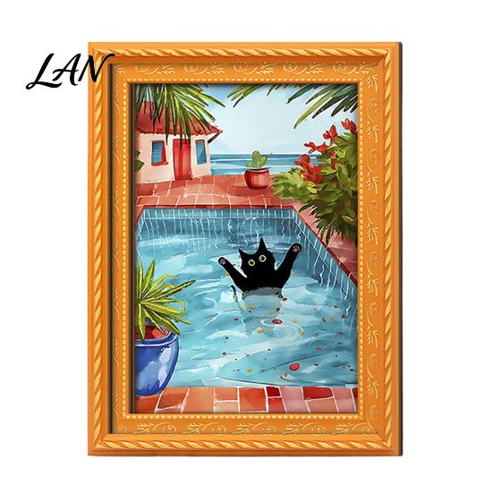 Decorative Fridge Magnets Oil Painting Cat Refrigerator Magnet, Wooden Frame Black Pattern Magnet Decor Theme Retro Rectangle Magnetic Decoration Home