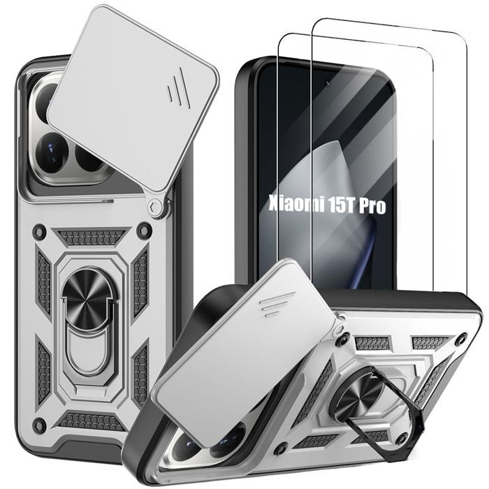 Hard Case - E.F.CONNECTION - for Xiaomi 15T Pro - with Ring and Camera Protection - Silver - 2 Glasses