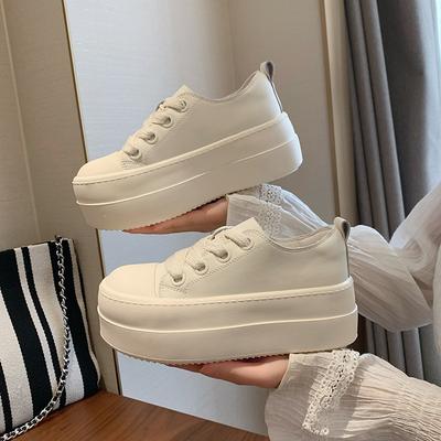 Настоящая мягкая кожа толстая подошва женские весенние новые маленькие белые туфли круглый носок шнуровка повседневные туфли-хлебушки