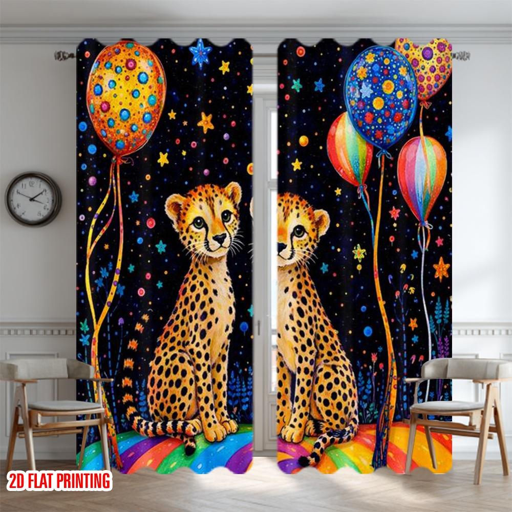 2D flat printing 2pcs Curtain Drapes Colorful Cheetahs and Balloons Digital Printed Polyester Drapes Seasonal Party & Holiday