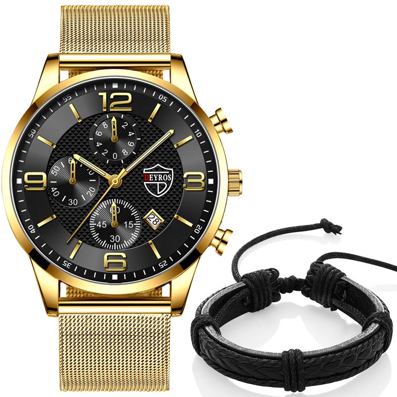 Модные черные мужские часы из нержавеющей стали, кварцевые наручные часы с календарем, роскошные мужские часы с круглым циферблатом, аналоговые часы, браслет, набор