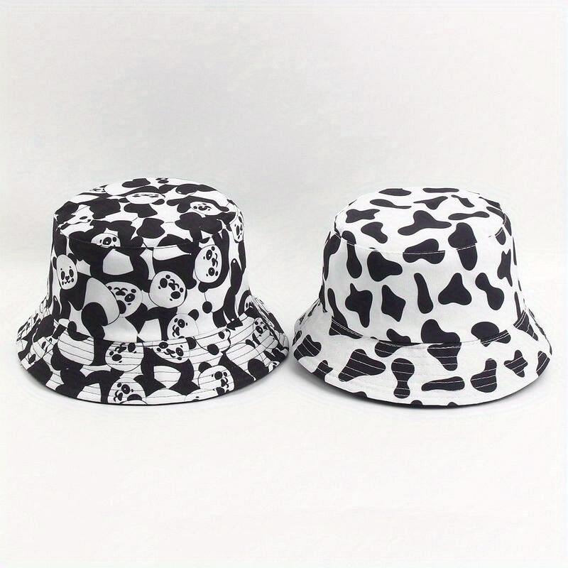Women Reversible Black White Cow Panda Zebra Pattern Bucket Hats Fisherman Caps