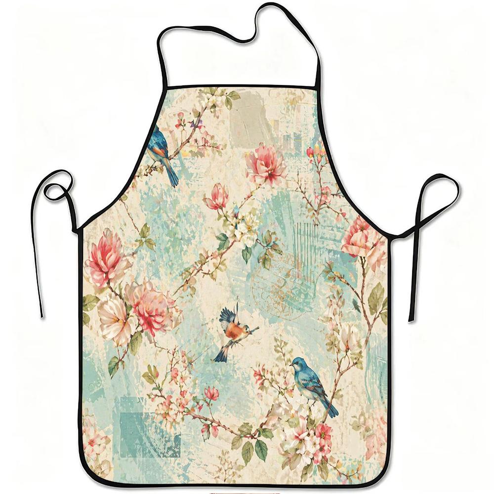 1pc Bluebird And Blossom Vintage Floral Print Apron, Durable And Easy to Clean, Adjustable Waistband, Polyester Material, for Kitchen Cooking, Gardeni