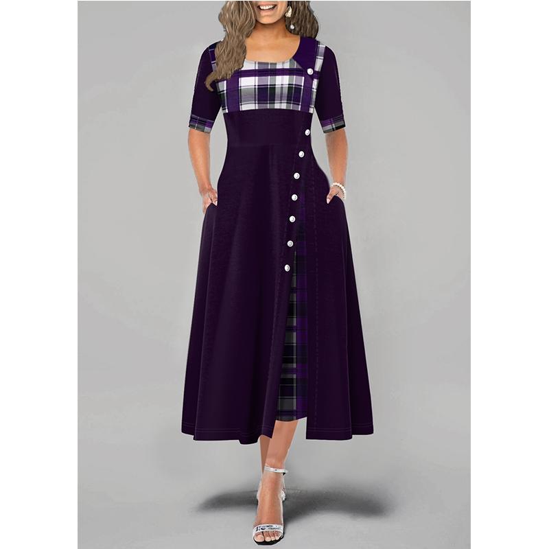 Женское модное платье макси в клетку с короткими рукавами и пуговицами, большие размеры S-5XL