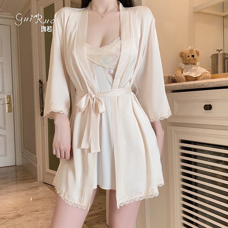 Women's Mesh Flutter Sleeve Deep V Padded Sleep Dress with Robe Lounge Set