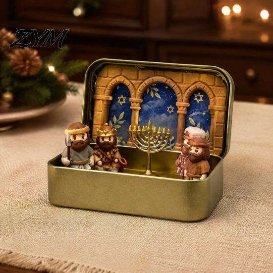 Three Dimensional Hanukkah Art Miniature Diorama Scene Box, 3D Printed Pocket Figurine Set with Traditional Jewish Symbols Storage Case, Menorah Micro