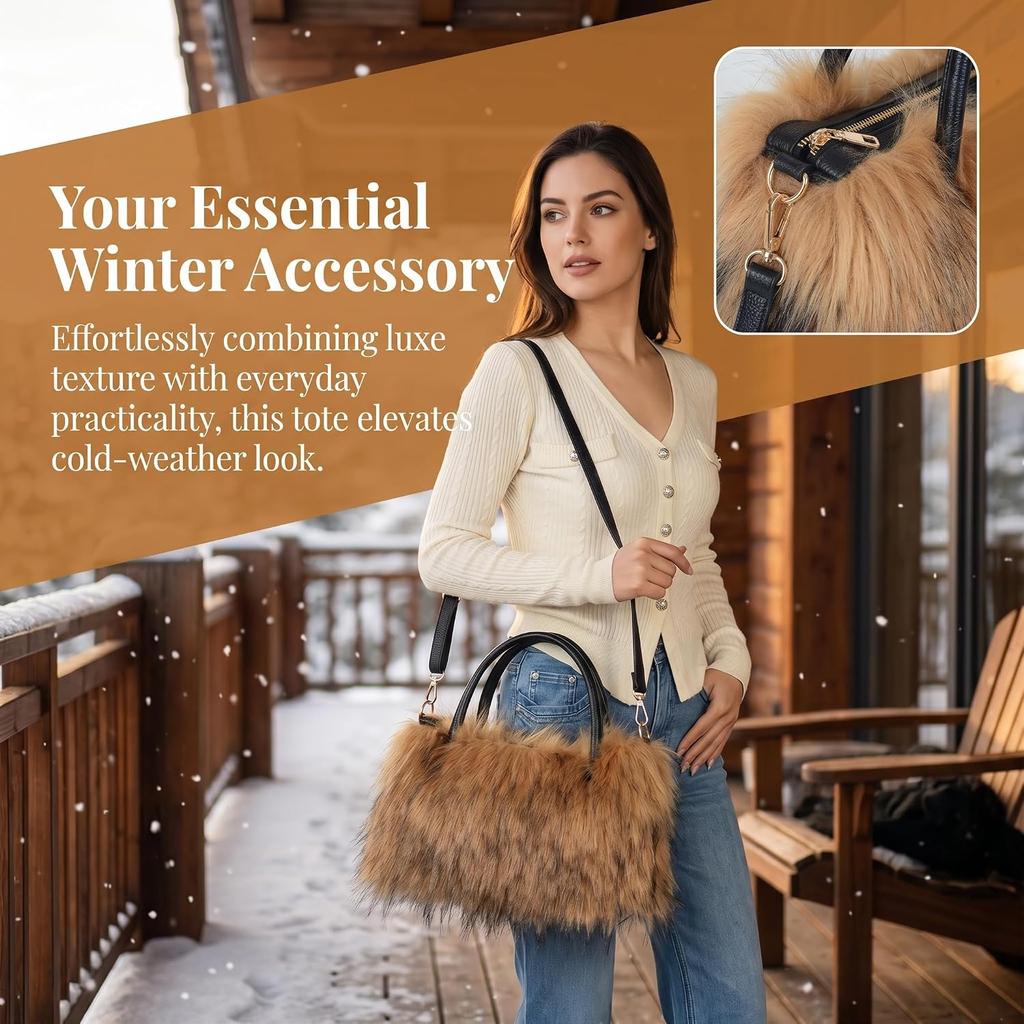 Women Furry Fur Purses Faux Fur Shoulder Handbags Fluffy Tote Bag | Black plush purse Brown Cute Fur Clutch Bag Red Grey Fashion Fuzzy bag for Women