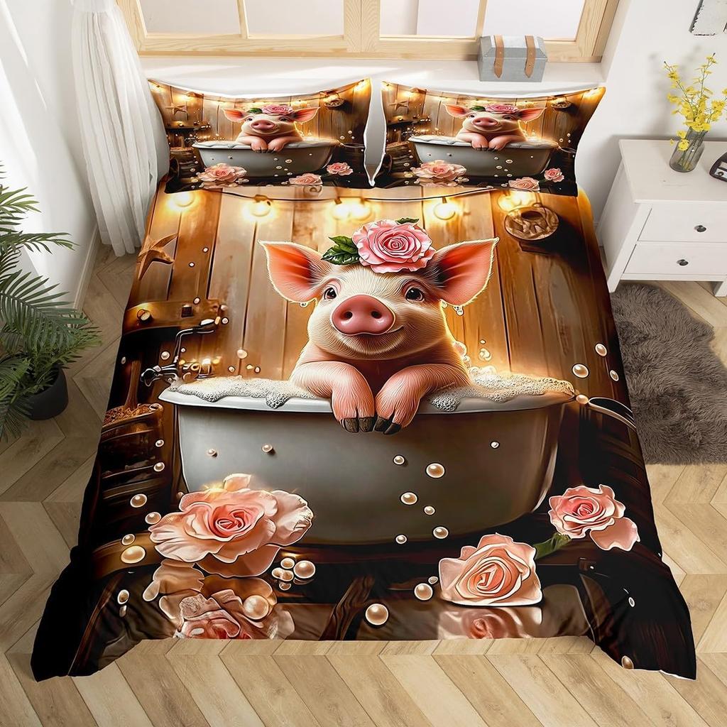 Комплект постельного белья с фермерским животным Свиньей, Размер Полный/Двуспальный, Милый пододеяльник со свиньями для детей, девочек, Мультяшный пододеяльник со свиньями с 2 наволочками