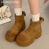 Замшевые женские ботильоны на платформе, дизайнерские короткие плюшевые туфли на толстом среднем каблуке, тренд 2025 года, новые теплые туфли-лодочки Botas De Mujer