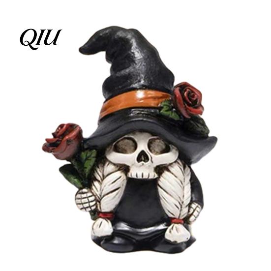 Spooky Shelf Decoration Halloween Skeleton Gnome Figurine, Gothic Witch Hat Dwarf Statue, Figurine Holding Rose Sculpture for Party Distressed