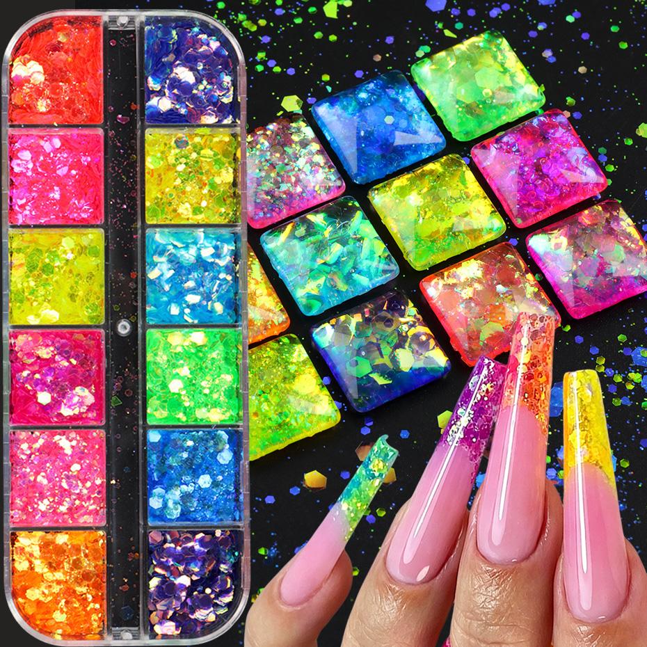 Xiaomi 12 Grids Neon Chameleon Nail Art Sequins Rainbow Hexagonal Holographic Glitter Flakes Nail Charms Decorations Nail Supplies