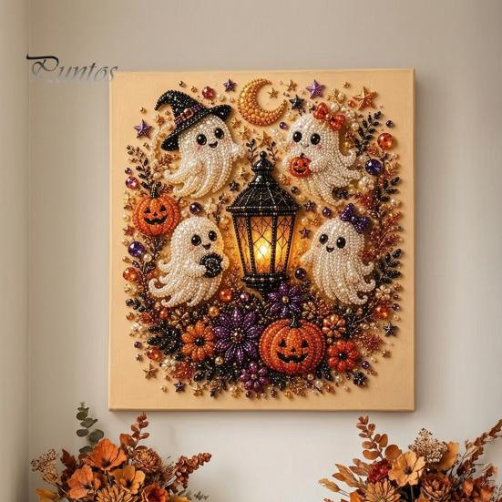 Festive Faux Pearl Art for Home Decor 2Pcs Halloween Art, Ghost Pumpkin Witch Crow Painting DIY Relaxing Arts And Crafts Kit, 3D Skull Craft