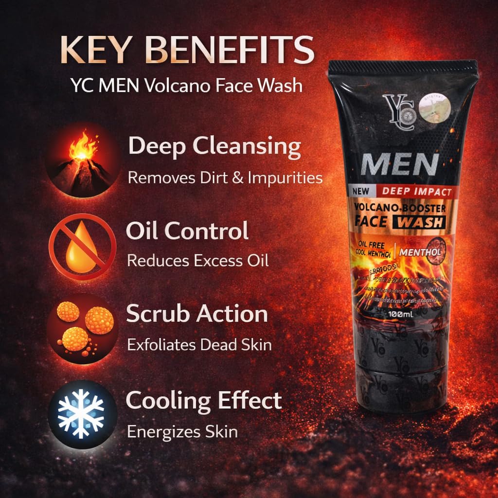 YC Мужской Очищающее средство для лица Deep Impact Volcano Booster, с отшелушивающими частицами, с охлаждающим ментолом, без масел, 100 мл
