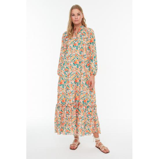 Оранжевая юбка с полуворотником с цветочным принтом и широкое платье с оборками