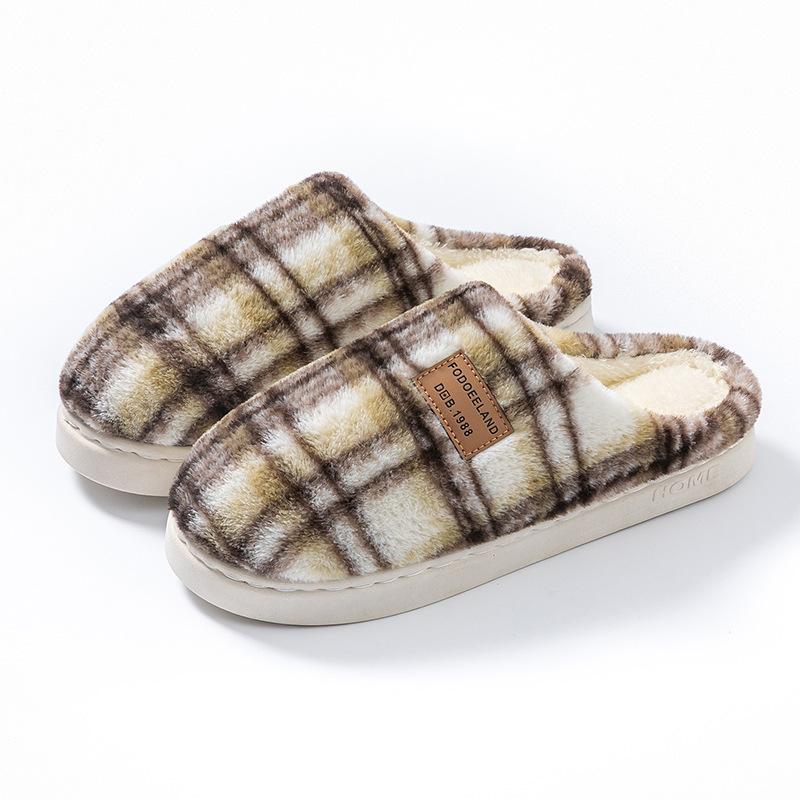 Color Matching Cotton Slippers Men's Autumn and Winter Indoor Home Thick Bottom Velvet Warm Couple Confinement Wool Shoes Women