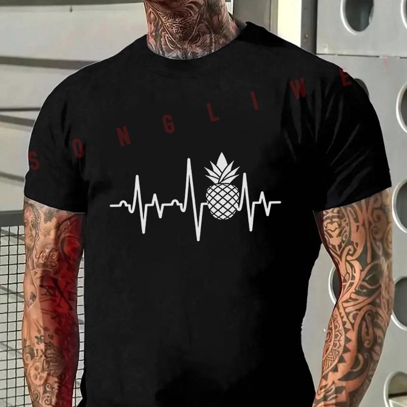 2026 The Pineapple And A Heartbeat Line Running Through It Design Moto Tshirt Mens Short Slee