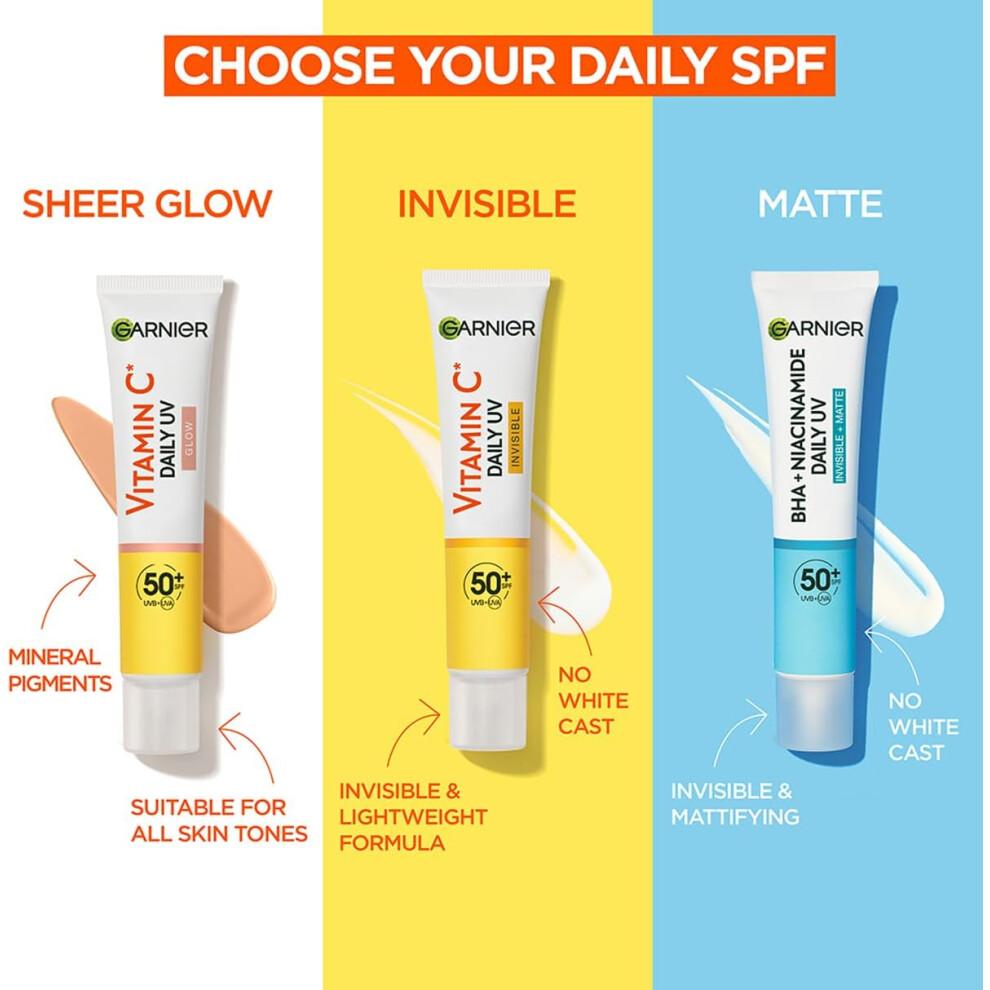 Garnier Витамин С Ежедневный осветляющий флюид с УФ-защитой Sheer Glow, SPF50+, Предотвращает + Корректирует повреждения от солнца + Выравнивает тон кожи, Для лица и шеи, Для всех типов кожи