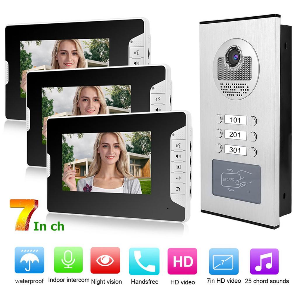 7in Video Intercom 3 Monitors Smart Doorphone System RFID Night Vision Doorbell
