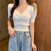 Vintage Puff Short Sleeve V-neck Knitted T-shirts with Decorated Buttons Girls Solid Stretchy Crop Tops Thin Knitwear for Women