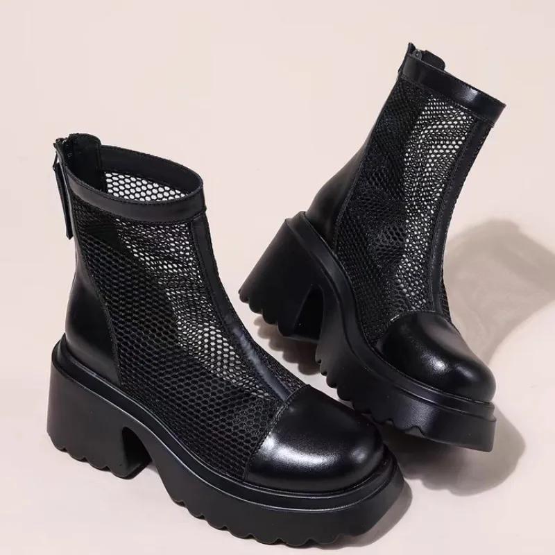 Мода 2025 Новая женская обувь Однотонные туфли с круглым носком и толстым каблуком Женские ботинки Модная сетчатая дышащая и удобная женская обувь