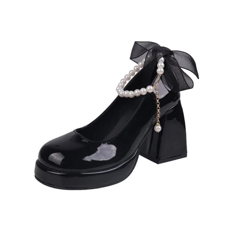 Fashion Lolita Shoes Women Japanese Mary Jane Heeled Shoes Women Retro Pearl Bow Ankle Strap High Heel Platform Shoes Chaussure Femme