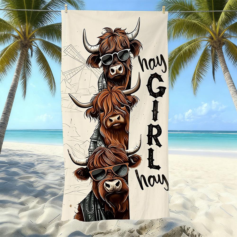 European And American Retro Highland Beef Printing Beach Towel Microfiber Thickened Water Absorption Quick Drying Outdoor Bath Towel