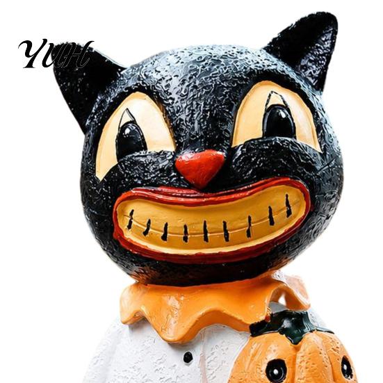 Hand Painted Cat Figurine Black Figurines, Vintage Halloween Ornament with Pumpkin, Small Indoor Outdoor Spooky Ornaments Retro Resin Table Decoration