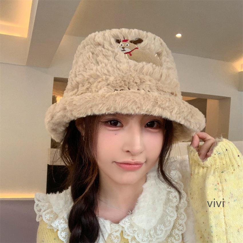 New plush surprise puppy fisherman hat children winter warm windproof thickened embroidered letter basin hat