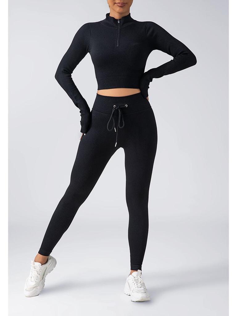 Women's Seamless Fitness Yoga Set: Zipper Long-Sleeve Top & Drawstring Hip-Lifting Trousers