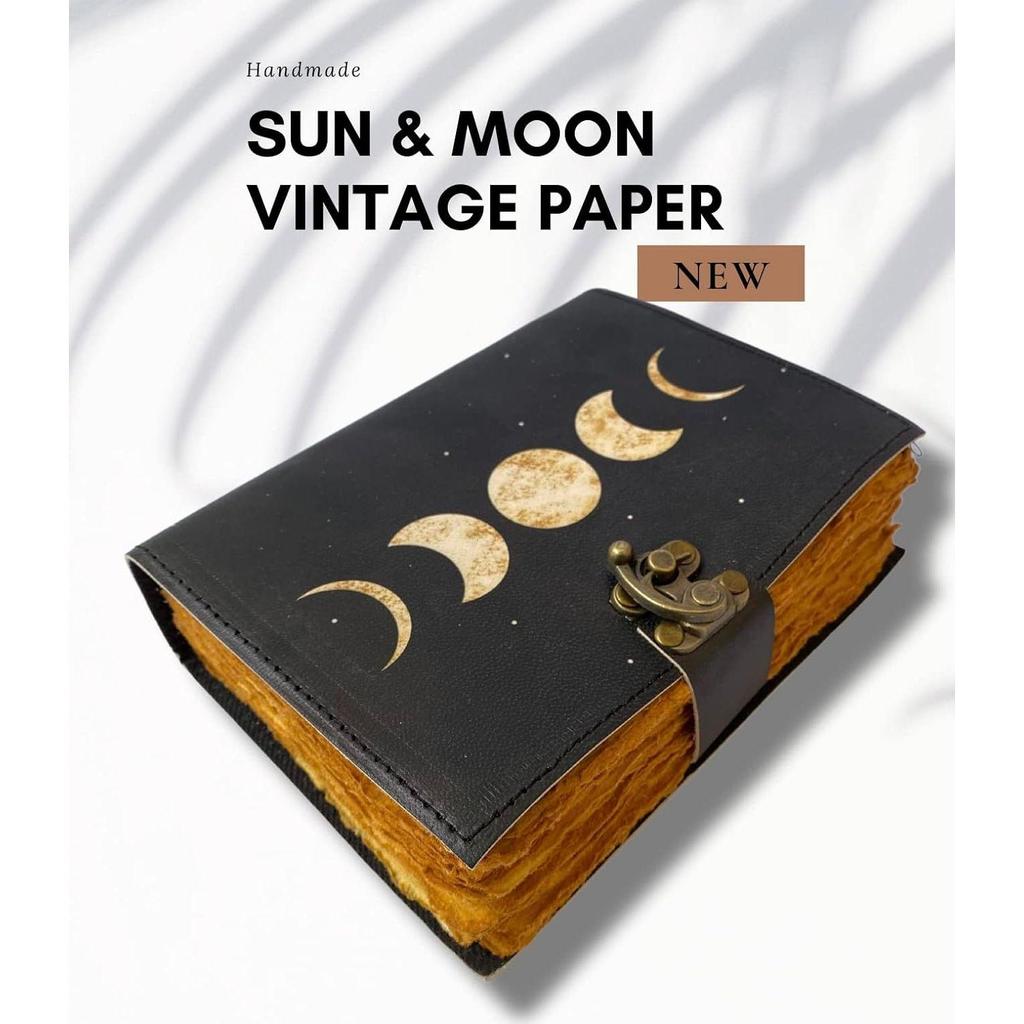 Винтажный кожаный журнал Sun & Moon для мужчин и женщин, 200 страниц антикварной винтажной бумаги ручной работы с краями Deckle Edge