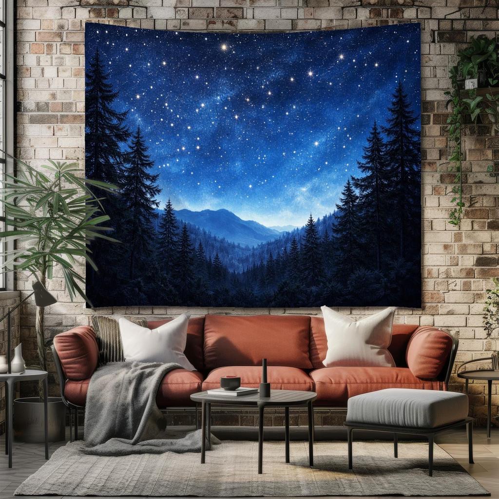 Starry Night Mountain Tapestry Forest Night Sky Wall Hanging Blue Galaxy Landscape Decor Pine Tree Wilderness Wall Art