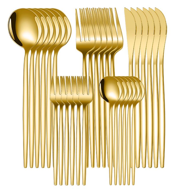 Luxurious 30-Piece Gold Stainless Steel Cutlery Set: Includes Portuguese Knife, Fork, and Spoon for Western Cuisine in an Elegant Gift Box.
