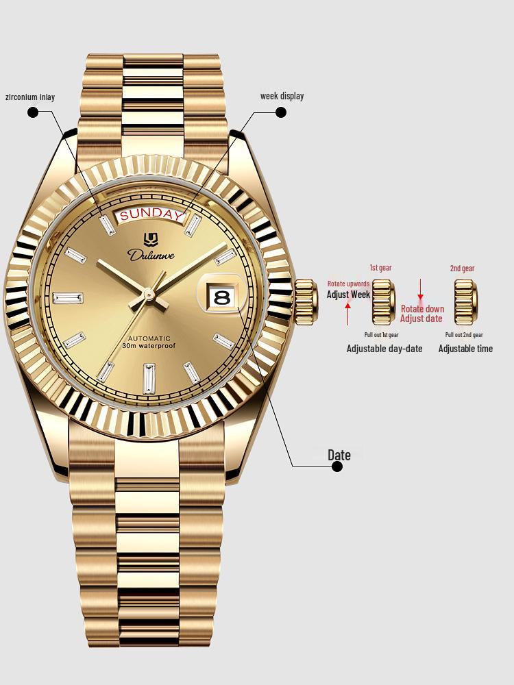 Durlanway Новые мужские автоматические стальные часы с двойным календарем – Модные, водонепроницаемые, деловой стиль