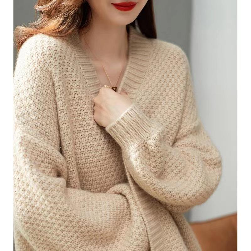 Elegant Loose Long Sleeve Thick Knitted Cardigan Women Autumn Winter Soft Solid Color Sweater Korean