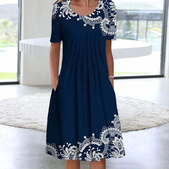 O-Neck Short Sleeve Pleated Midi Dress Pockets Loose Hem Mid-calf Length Women Floral Print A-Line Holiday Dress Daily Clothing