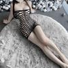Женская мода Большой размер Fishnet Dress Прозрачный Клуб Ночной клуб Сексуальный Обертывающий Боди Прозрачная сетка Вырез Мини-платье