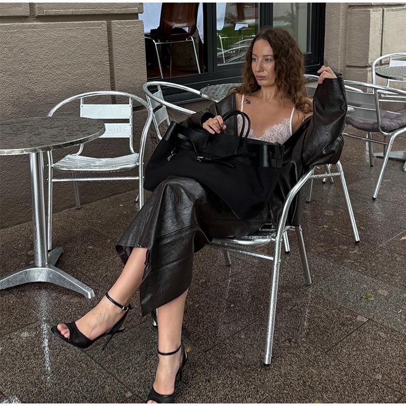 Женская зеленая кожаная куртка со стойкой воротником, модная, на молнии, длинная, свободного кроя, верхняя одежда, шикарная, 2025, новая осенняя мода, уличный стиль, женская одежда