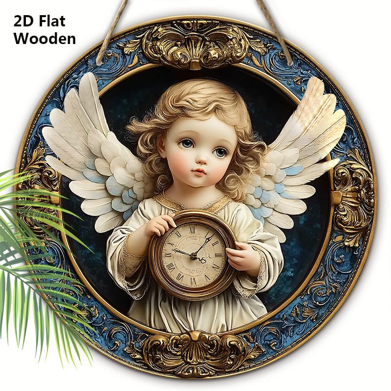 Wooden Sign Adorable Angel & Clock Pattern - Charming Round Artwork for Front Door Wall Home Hanging Decoration