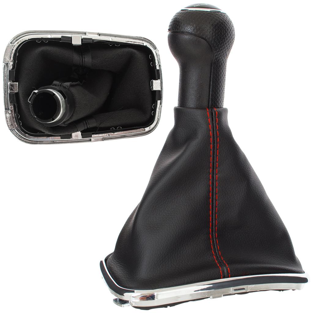 VW Golf IV 97-03 Gear Shift Knob + Boot with RED Thread and CHROME Frame 5 SPEED 23MM HOLE