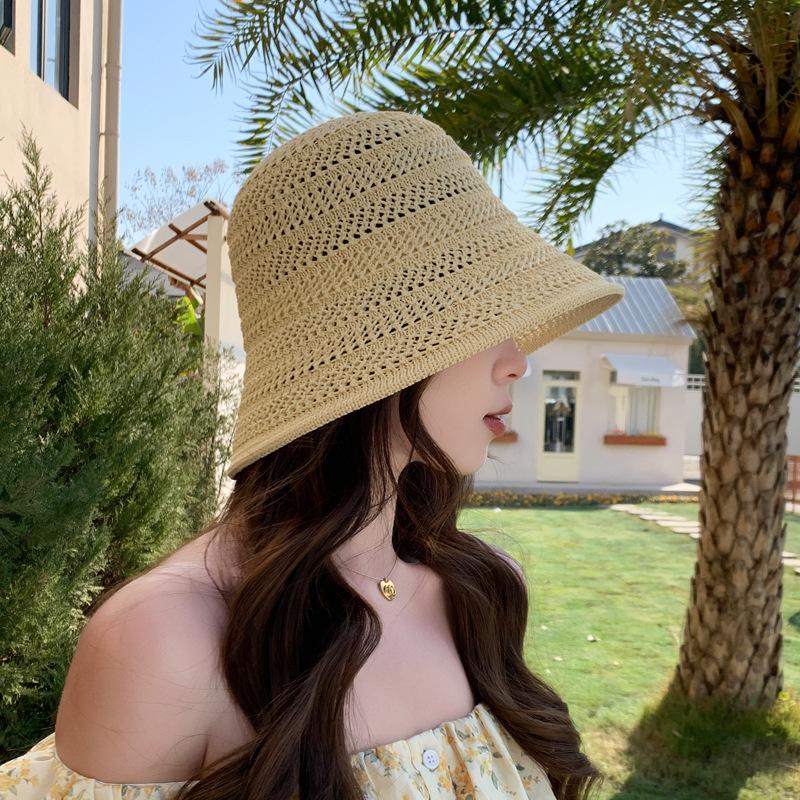 Шляпа Женская Летняя Солнцезащитная Вязаная Панама с Маленькими Полями Рыбацкая Тонкая Полая Сверхлегкая Повседневная Шляпа-Ведро Универсальная