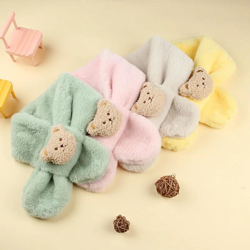 Autumn and winter cartoon teddy bear plush boy and girl children's scarf,imitation rabbit fur thick autumn and winter warm scarf