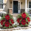 Durable Plastic Greenery Artificial Poinsettia Flower Yard Stake, Red Christmas Floral Ground Spike Decor, Outdoor Decorations Weather?Resistant