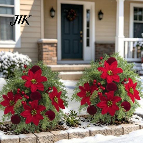 Durable Plastic Greenery Artificial Poinsettia Flower Yard Stake, Red Christmas Floral Ground Spike Decor, Outdoor Decorations Weather?Resistant