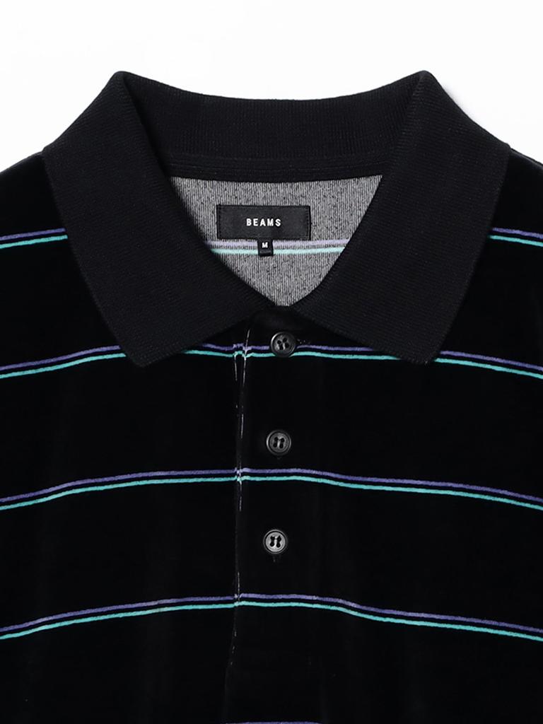 Beams Men's Wide Fit Velvet Striped Polo Shirt, Black, Size L (11120212639)