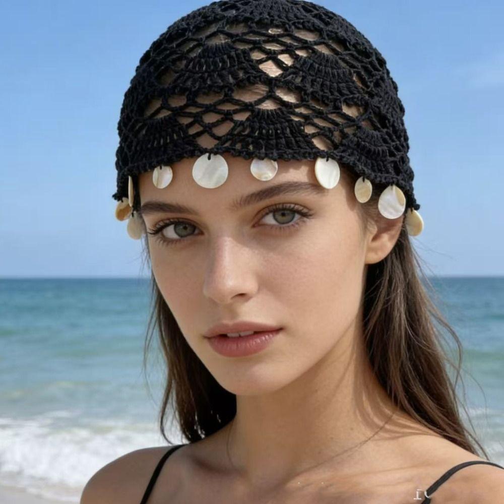 Thin Shell Tassels Hat Elegant Crochet Weave Cap Casual Bohemian Style Beanies  Spring Summer