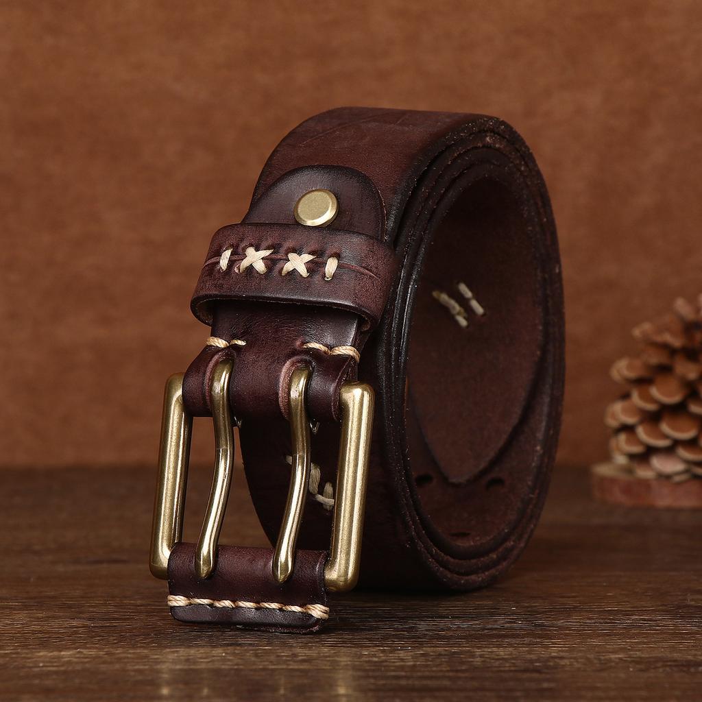 Мужской ремень из натуральной кожи в стиле ретро с персонализированной медной пряжкой, ремень из коровьей кожи первого слоя
