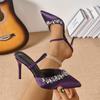 Fashion Shiny Crystal Chain Super High Heels Sandals Women Fashion Purple Pointed Toe Party Slippers Plus Size Light Thin Heeled Sandals