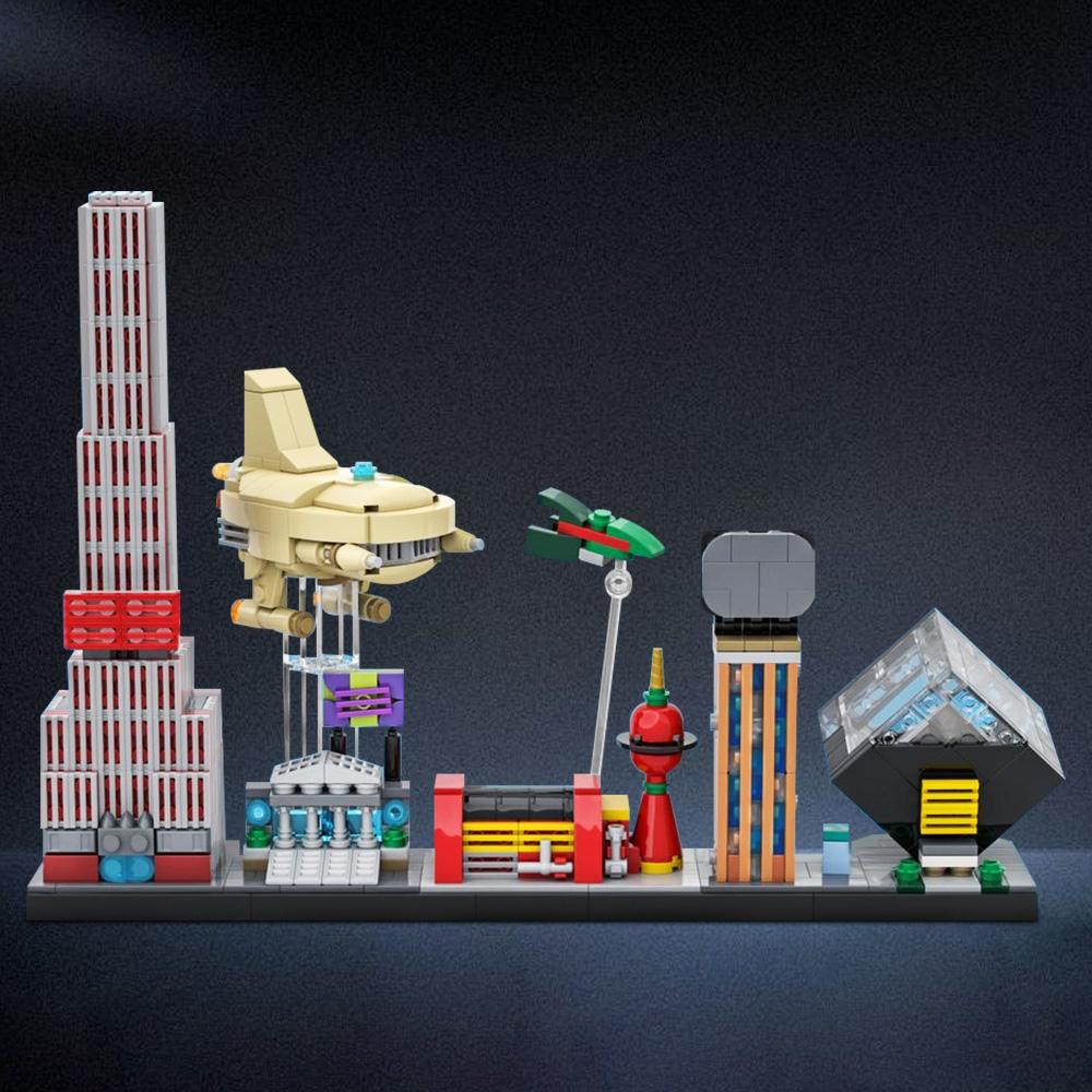 MOC Futurama Skyline Model Building Blocks DIY Creative Planet Express Ship Robot Arms Apts Architecture Bricks Toy Adult Gift