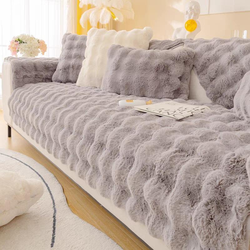 Thickened Rabbit Plush Non-Slip Sofa Cushion  Winter Plush Seat Cushion Leather Sofa Cover New Cover